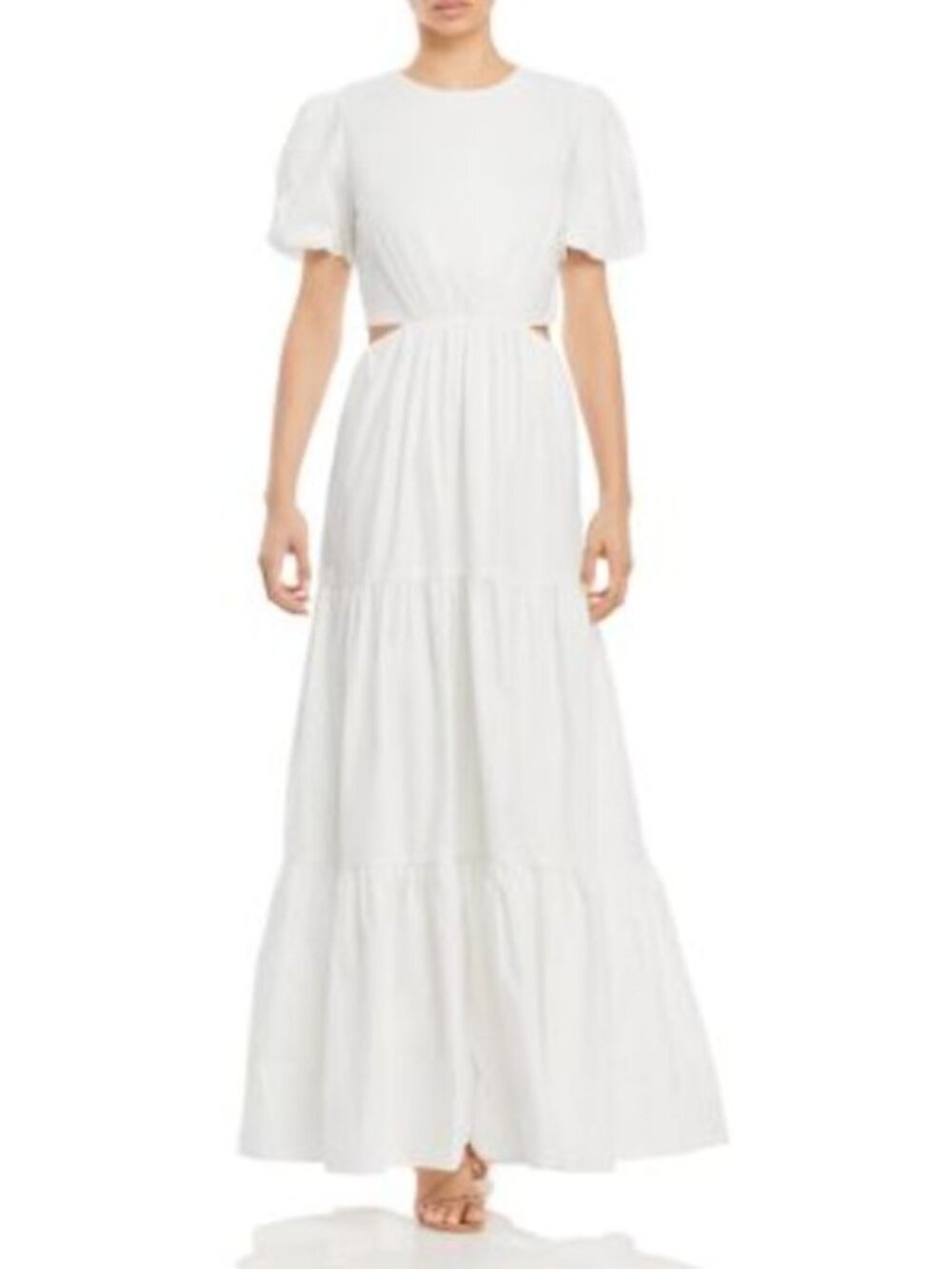 WAYF Plaza Maxi Dress Sz MEDIUM Cut Out Tiered White Cotton Spandex Party Beach